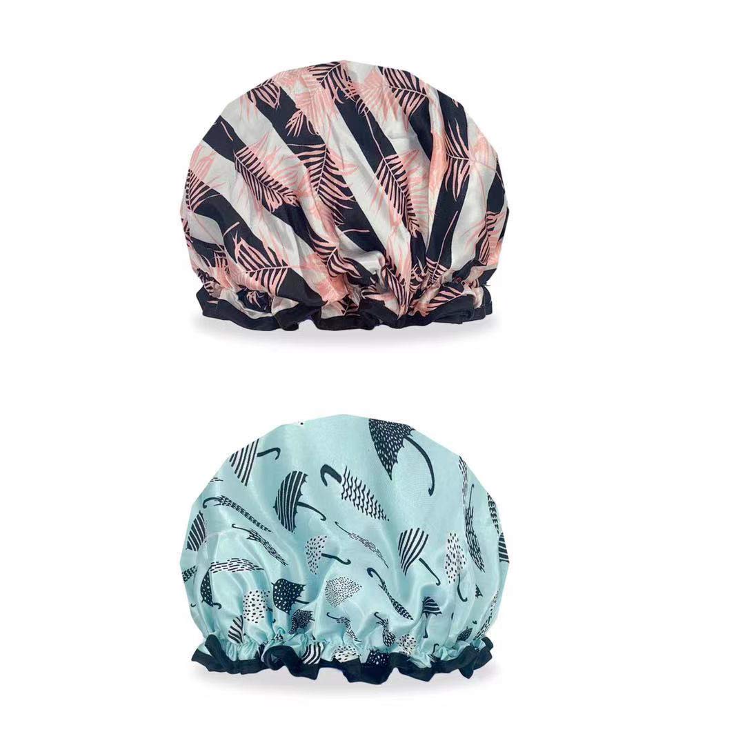 Shower Caps, 2PACK Large Size Double Layered Bath Cap Hat for Women, Waterproof & Adjustable