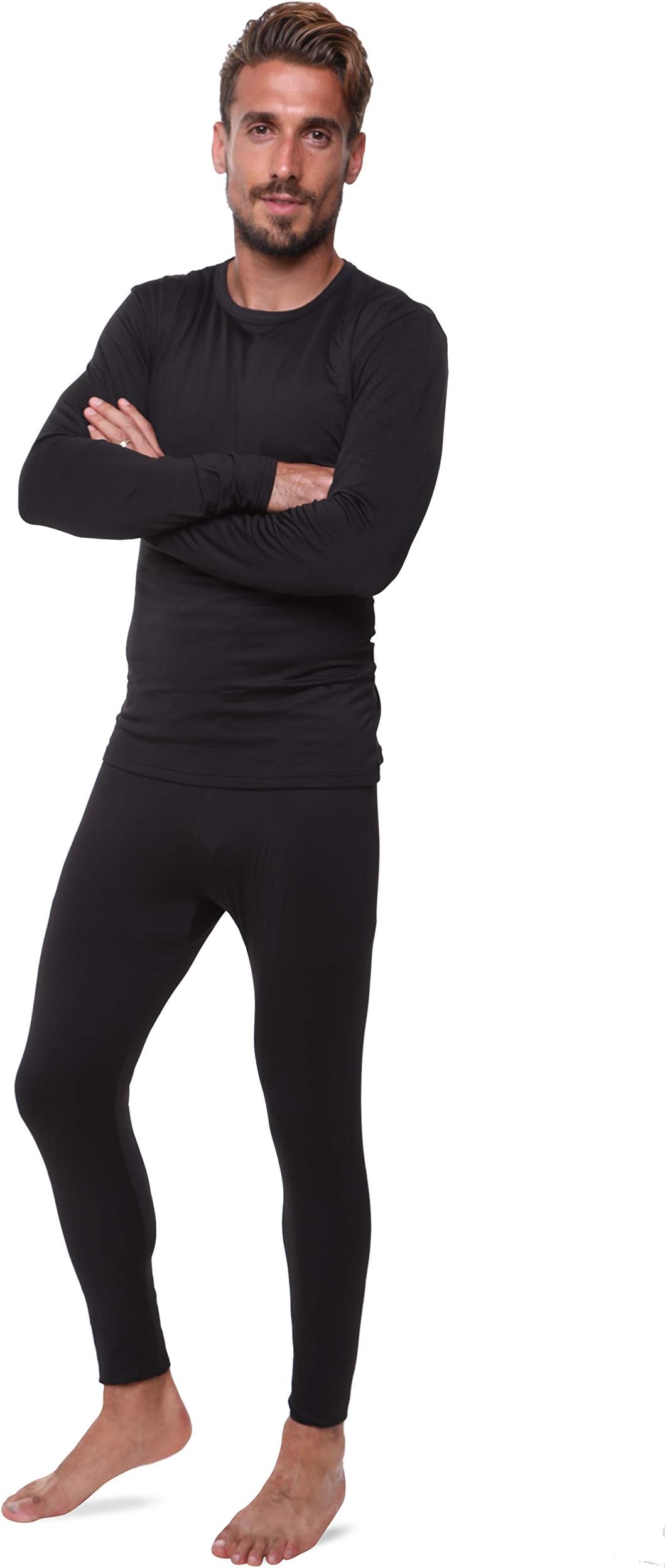 Men Thermal Performance Underwear Set; Base Layer; Midweight Soft Fleece; Warm Long Sleeve Vest and Long Johns Bottoms (XXL, Black)
