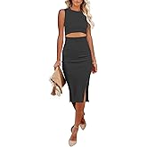 AUSELILY Womens Summer Bodycon Dresses Crew Neck Cutout Midi Dress Casual Slit Sleeveless Ribbed Knit Pencil Dress