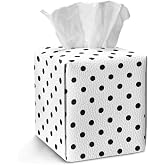 Tesivruno Square Tissue Box Cover Anti-dust Foldable PU Leather Tissue Box Holder Soft Decorative Facial Paper Organizer Dispenser for Home Dining Room Tabletop Desk, Polka Dot Print Black White