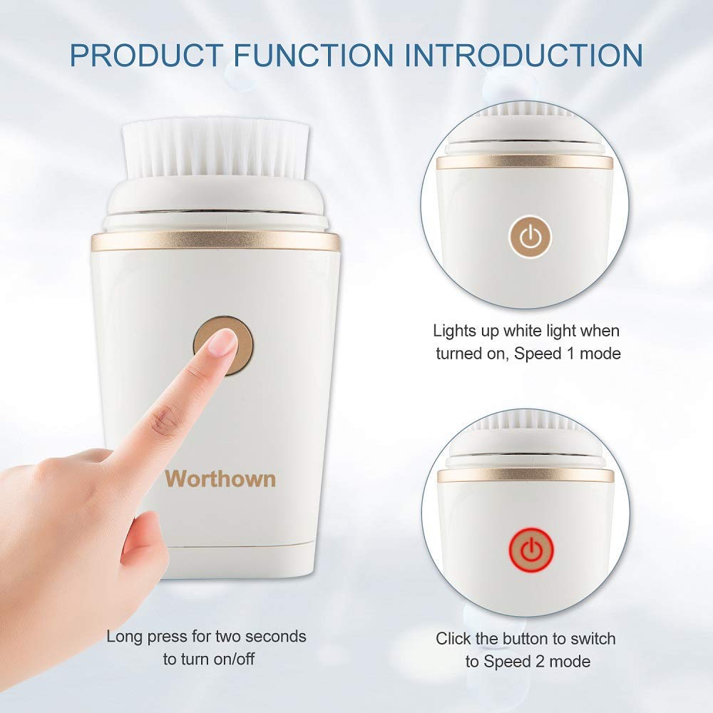Worthown Facial Cleaning Brush Face Scrubber Electric Rechargeable Face Spin Brush Waterproof Deep Cleansing Face Brush for Cleaning and Exfoliating Pore Cleaner with 2 Brush Heads Replacement (White)