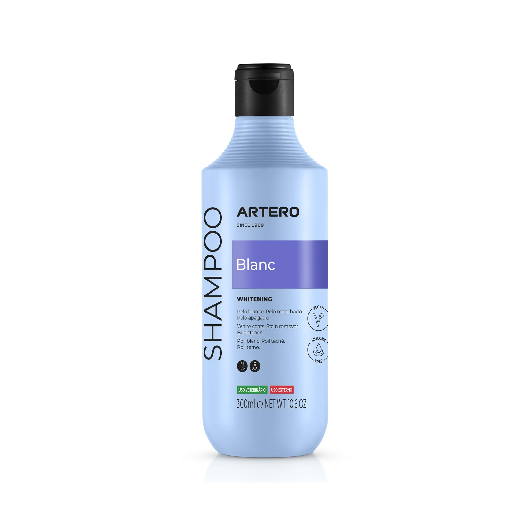 Artero Blanc. Whitening Shampoo for Dogs with White Hair. Achieve Nuclear White. Shine, softness and cleanliness from root to tip. Suitable for black, grey and blue dogs, intensifying their colour.
