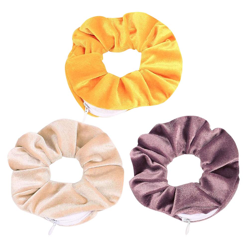 Velvet Hair Tie Scrunchies for Girls & Women - Original Hidden Pocket Scrunchie with Zipper Pocket Storage for Accessories, Small Items, Keys, Money (3-Pack-A)