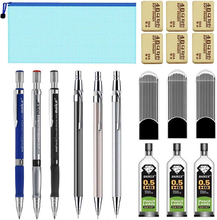 Geenber Mechanical Pencil Set，6 Pcs Mechanical Pencils with 6 Cases Pencil Leads and 6 Pcs Erasers and a A6 bag for Office and School, Writing, Drawing, Signature, Art Sketching (2mm and 0.5mm)
