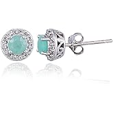 Sterling Silver Birthstone Colors Synthetic Emerald, Ruby or Sapphire & White Topaz Halo Stud Earrings