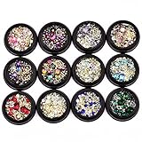 BlueZOO 12 Pack Mixed Nail Art Décor Accessories Decorations Rhinestones Diamonds Crystals Metal Studs Beads Gems for DIY Décor