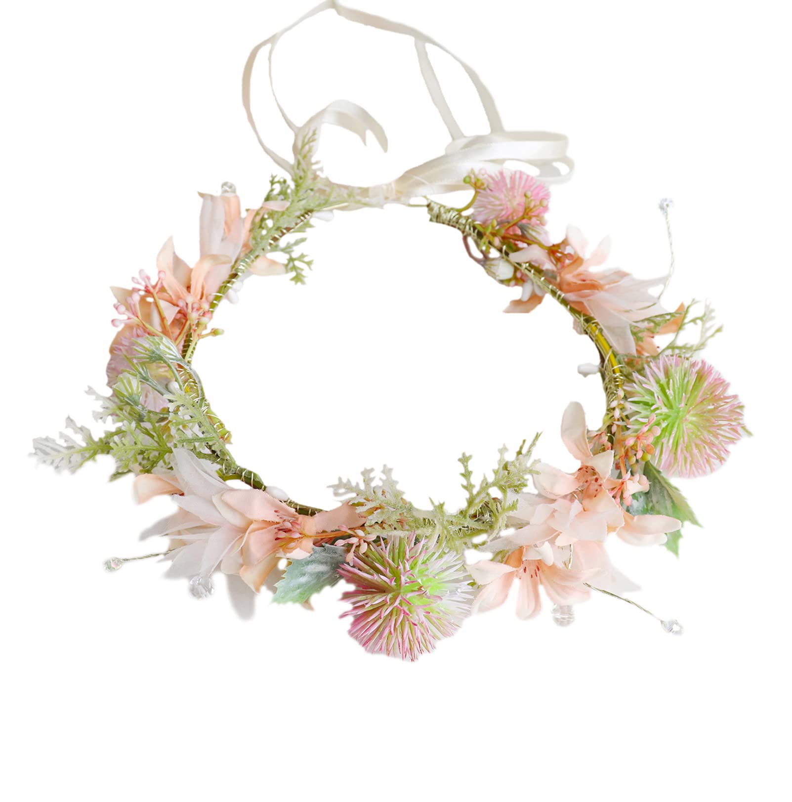 Brikuinr Floral Crown Wreath Girl Flower Headbands Hair Wreath Hair Garland Flower Halo Floral Headpiece Boho with Ribbon Wedding Party Festival — image 1