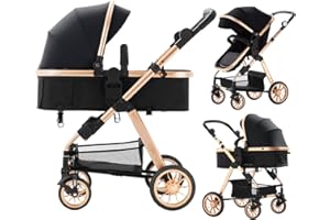 Blahoo Baby Stroller for Toddler,Bassinet Stroller,Foldable Aluminum Alloy Pushchair with Adjustable Backrest,Adjustable Direction Gold Black.