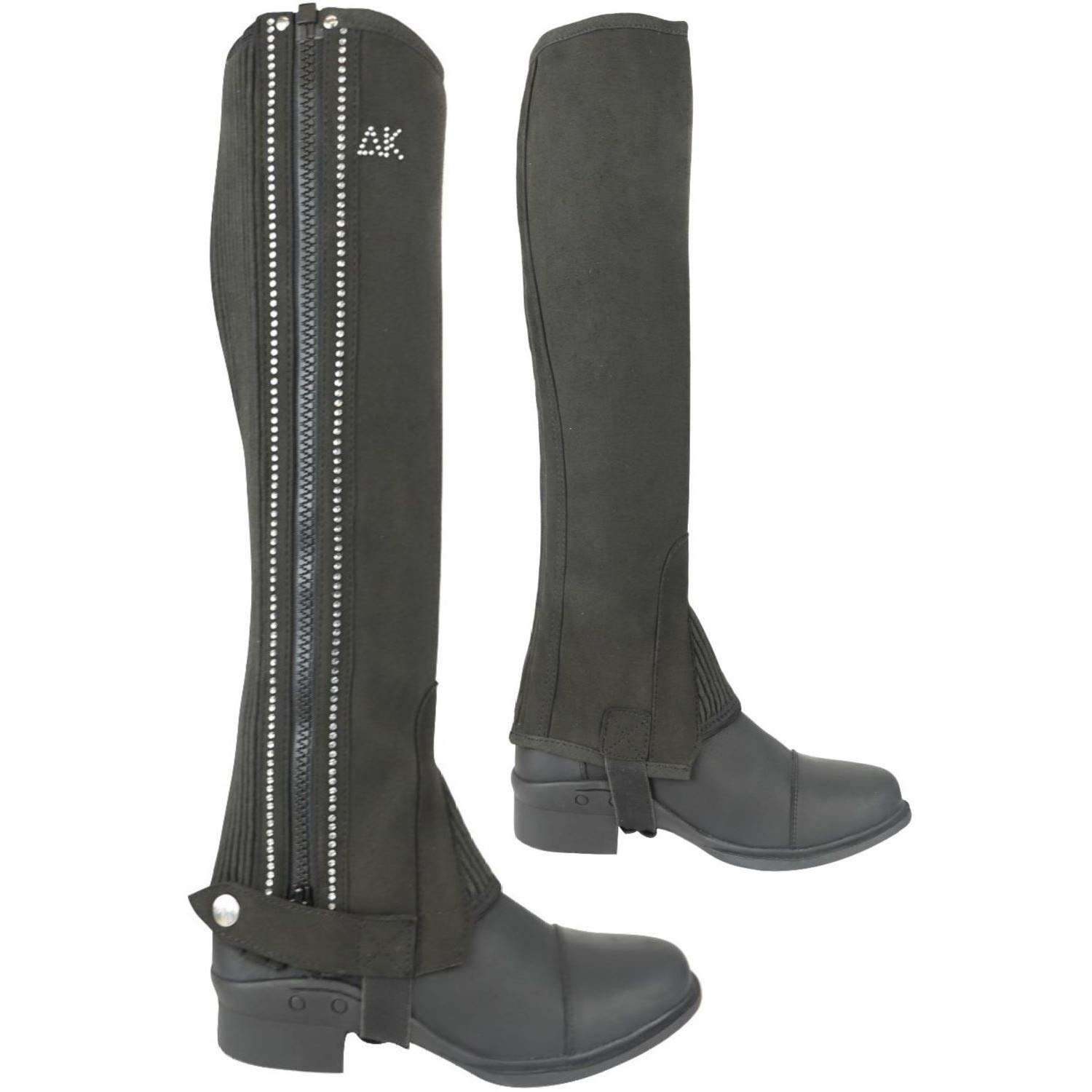 AK Washable Micro Suede Leather Horse Riding Half Chaps with Crystal Rows AKRS-1890 (Black, S)