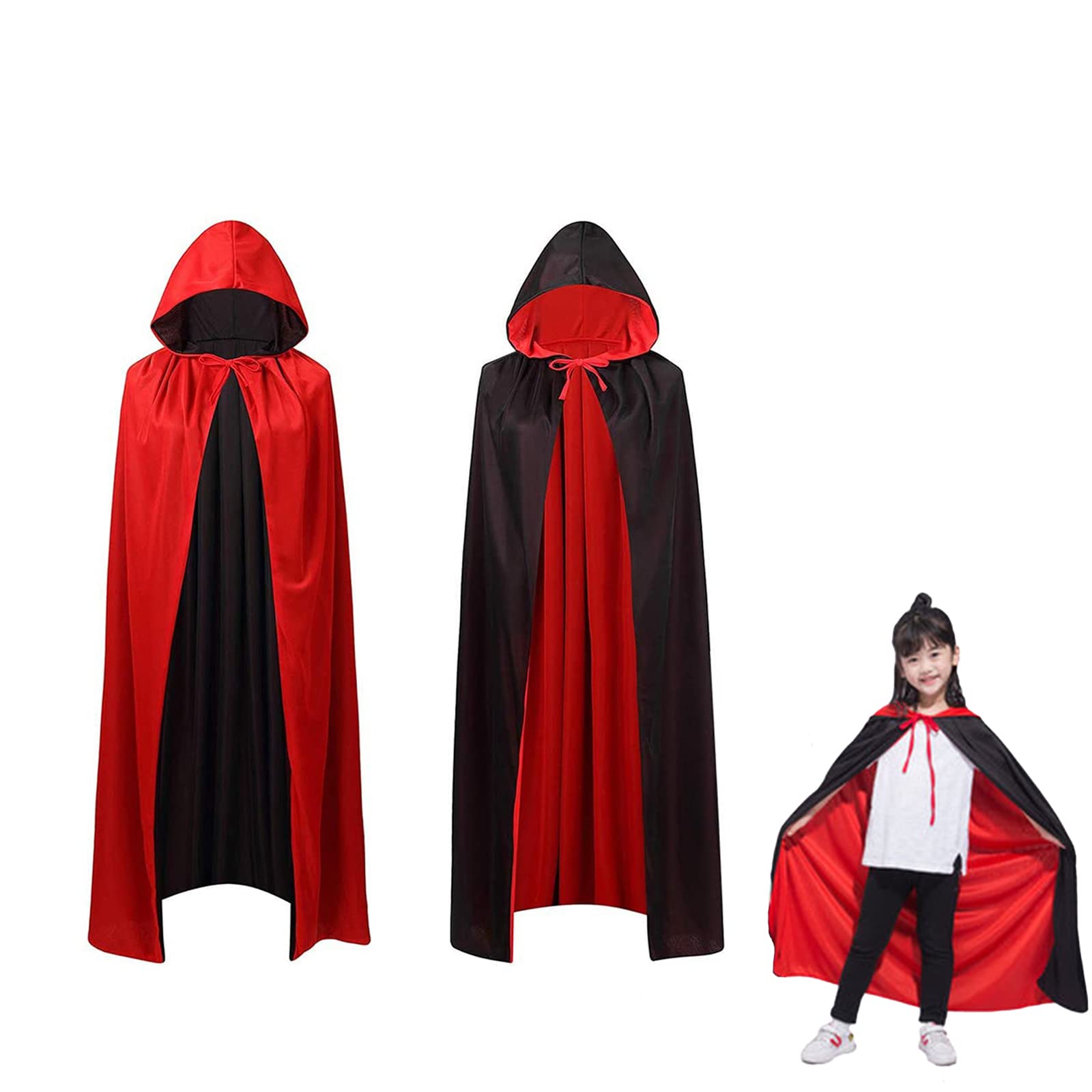 OUQIWEN Vampire Cape Kids,Child Halloween Black Red Hooded Cloak Vampire Cape,Reversible Hooded Kids Vampires Costume（90cm）