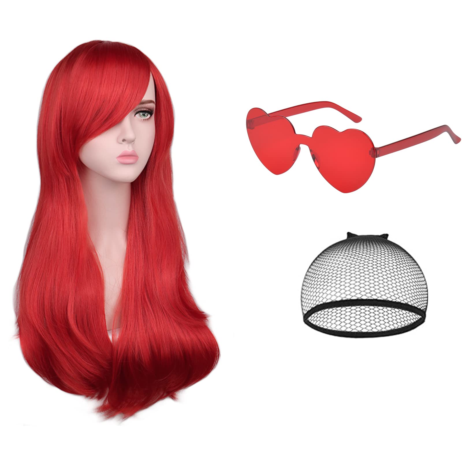 AOMIG Long Wavy Red wig, 3 Pack Set With Sunglass & Wig Cap, Charming Full Curly Hair With Bangs, 28 Inch Anime Cosplay Party Synthetic Hair for Women Girls