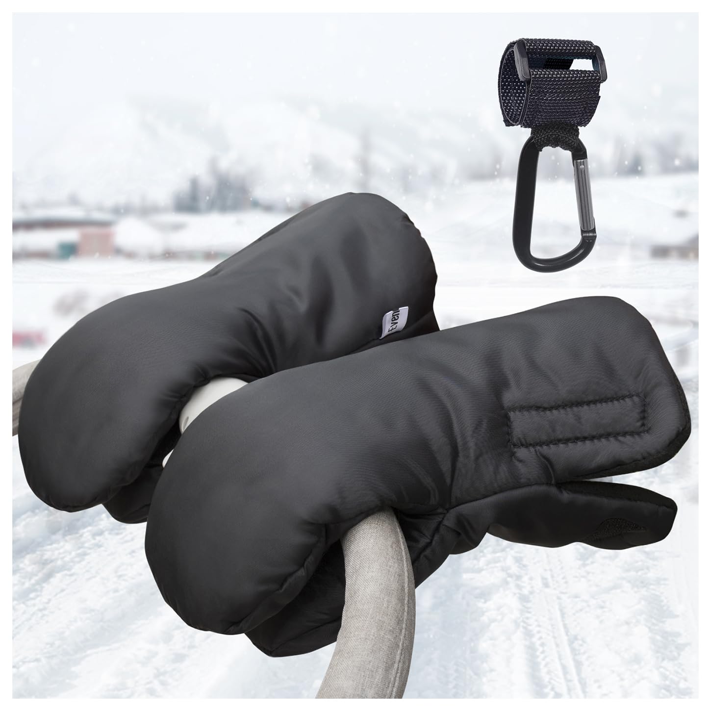 Evencaphy Pram Gloves Universal Stroller Handmuffs Fleece Pushchair Hand Warmers Golf Cart Gloves Waterproof Anti-Freeze Winter Gloves with Stroller Hook, Black