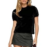 Women Y2K Furry Cropped Sweater Short Sleeve Crewneck Fluffy Sweater Tops Soft Cozy Knit Pullover Jumper Streetwear