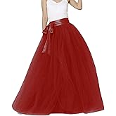 Women Long Maxi Puffy 5 Layers Tulle Skirt Floor Length A Line with Bowknot Belt High Waisted for Wedding Party Evening