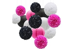 KAXIXI 15pcs Hanging Party Decorations Set, Hot Pink White Black Paper Flowers Pom Poms Balls and Paper Lanterns for Minnie Mouse Theme Birthday Baby Shower Bachelorette Party