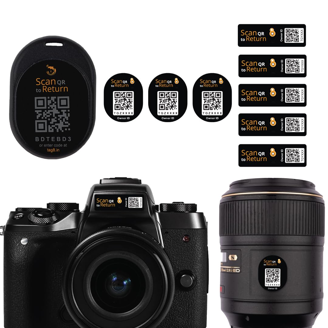 tag8 - Dolphin Camera Gear Security Tag - Smart QR Kit to Secure Digital Camera Accessories like DSLR Camera Lens, Tripod, Camera Bag, Adapter & Charger -Works with Nikon, Canon, Sony & Other Cameras
