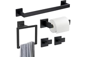 5-Piece Matte Black Bathroom Hardware Accessories Set - 40cm Towel Bar, Toilet Paper Holder, Towel Ring, 2 Towel Hooks, SUS30