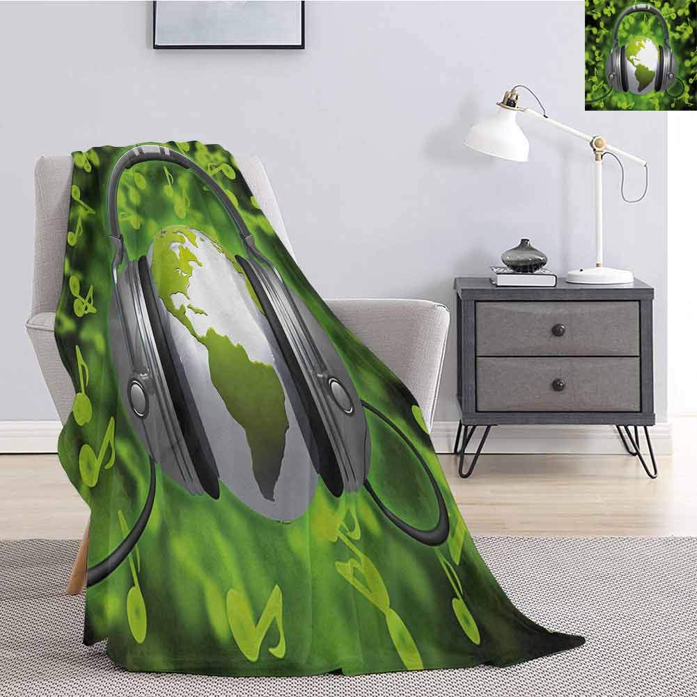 World Bedding Microfiber Blanket World of Music Themed Composition DJ Headphones Musical Notes and Earth Globe Super Soft and Comfortable Luxury Bed Blanket W54 x L72 Inch Lime Green Grey