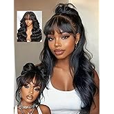 Julia Hair 13X4 HD Pre Everything Glueless Lace Frontal Wigs Human Hair Fluffy Natural Loose Wave Curtain Bangs Wig Pre Plucked Invisible Bleached Knots Pre Cut Lace Front Wig for Women 16 Inch