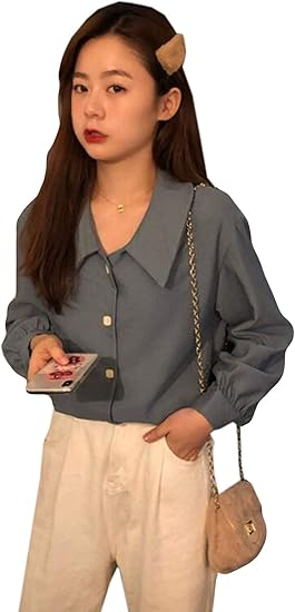 Alppv 長袖シャツ レディース 長袖 春 秋 レディース ブラウス 折り襟 無地 ボタン デザイン感 ボタンダウン レディース ファッション カジュアル 通勤 通学 シンプル ベーシックブルーf シャツ ブラウス 通販 Amazon