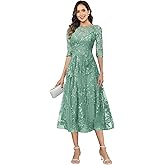 Bolodoo A-Line Mother of The Bride Dress Sequin Tulle Lace Applique Tea Length 3/4 Sleeves Formal Wedding Guest Dress