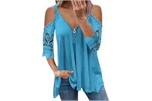 SHOPESSA Women's Off The Shoulder Tops Plus Size Zip Up Hollow Lace T Shirts 3/4 Sleeve Blouses for Women Fashion