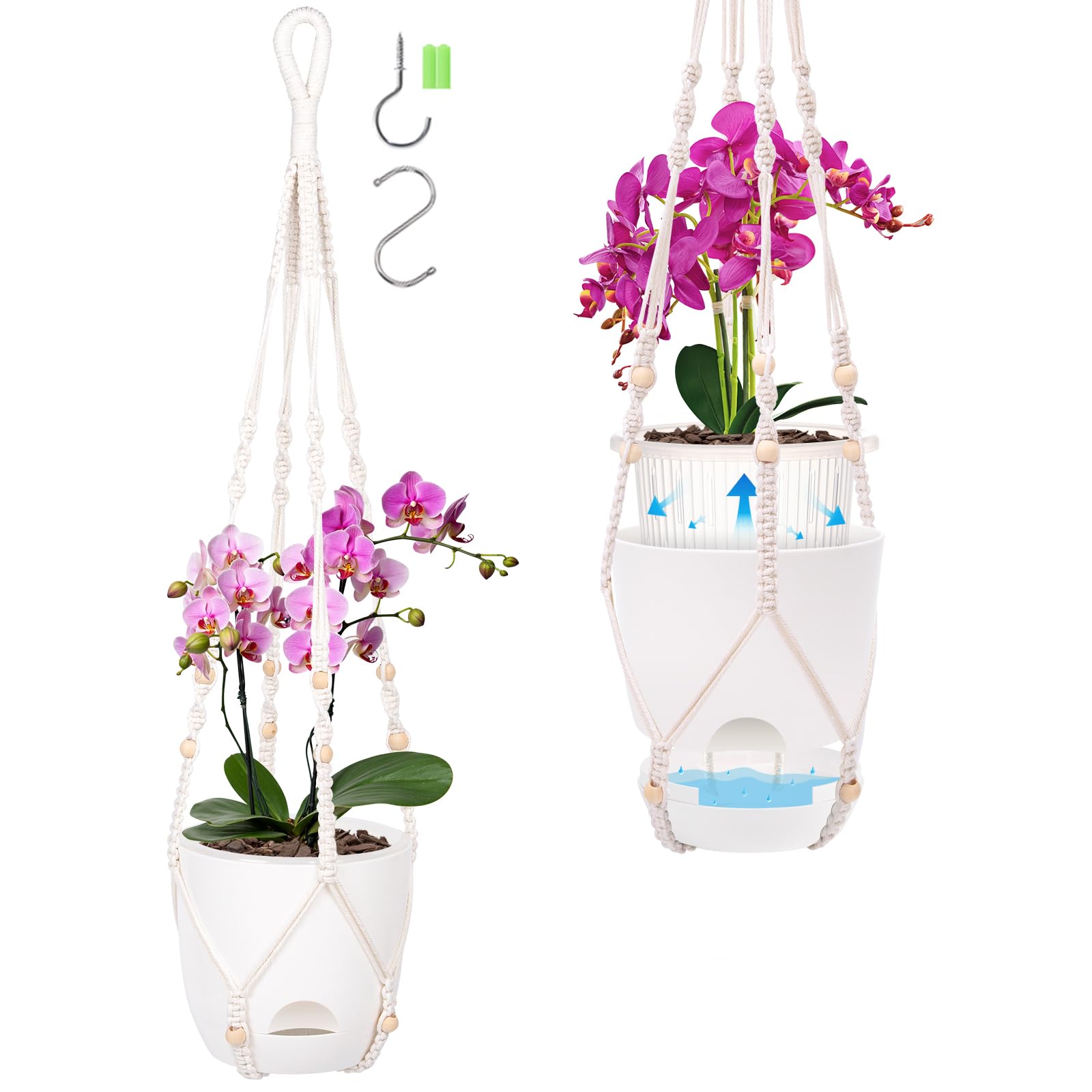 Photo 1 of 2-Pack 7.1-Inch Self-Watering Orchid Hanging planterS for Indoor & Outdoor baskets,34Inch Macrame Hanger Plant Pots Indoor with Drainage,Small Hanging Planters,With Two Sets of Hooks?Pure white?