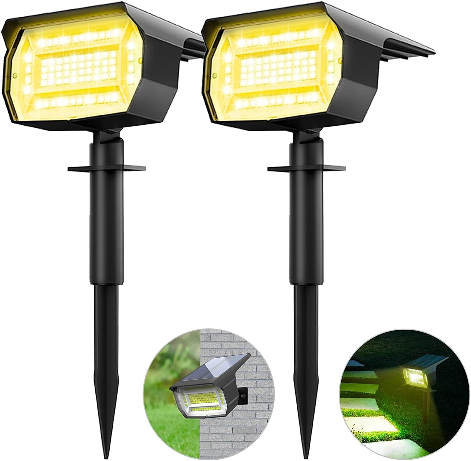 2 Pack Solar Spot Lights Outdoor Garden, 72 LED Solar Landscape Spotlights 3 Modes Solar Lights Outdoor Waterproof Dusk-to-Dawn Spot Lights Solar Powered for Garden Yard Driveway Pathway, Warm White
