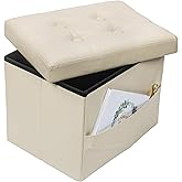 Bsketa Storage Ottoman Foot Rest Stool, Small Leather Storage Ottomans Bench, Folding Footstool with Side Pockets, Foot Rest Under Desk for Living Room Bedroom, 17x13x13 in, Beige
