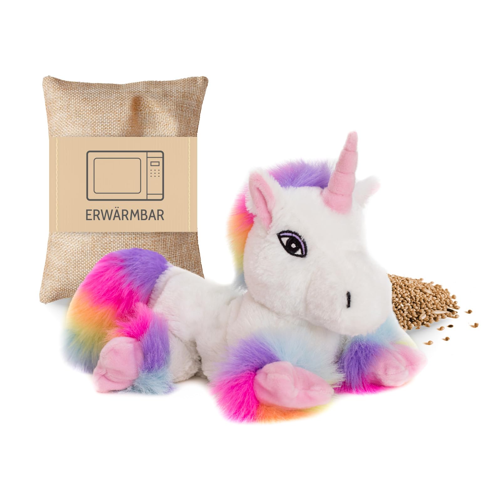 Habibi Plush Premium - 1943 Unicorn "White Rainbow" with Removable Grain Pillow - Heat Soft Toy / Heat Pad for Microwave / Oven Heating