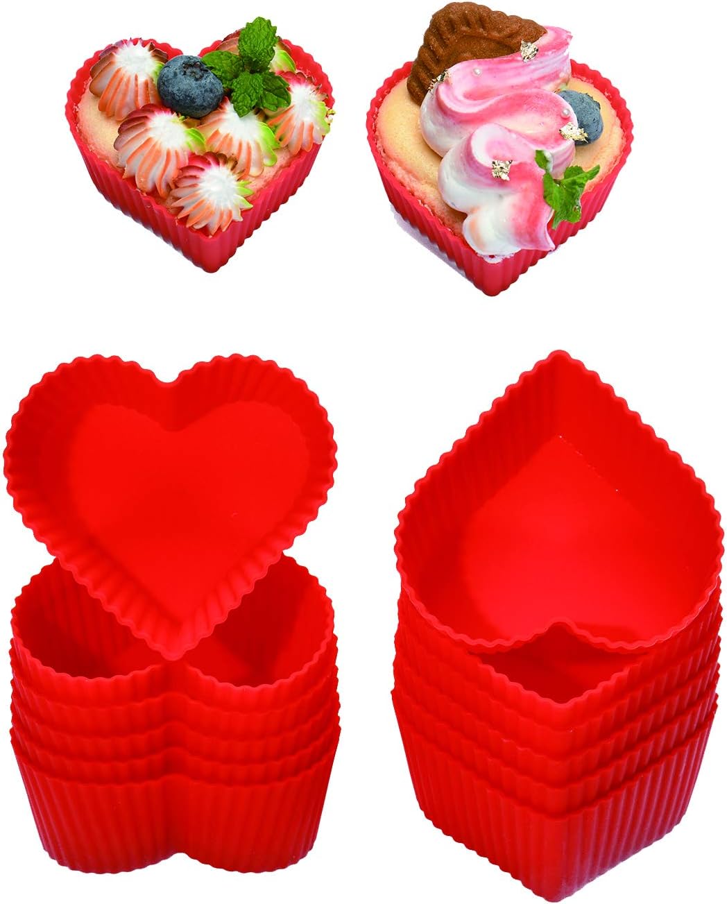 Silicone Baking Cups Cupcake Liners - Non-Stick Pastry Muffin Liner Molds,2.75 Inch Mini Cupcake Silicone Mold, Resusable Storage Container,Heart, 12 Pack
