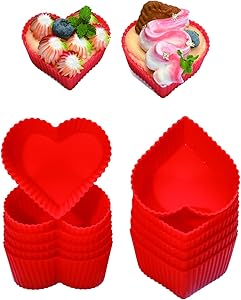 Silicone Baking Cups Cupcake Liners - Non-Stick Pastry Muffin Liner Molds,2.75 Inch Mini Cupcake Silicone Mold, Resusable Storage Container,Heart, 12 Pack