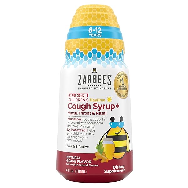 ZARBEE’S KIDS ALL-IN-ONE DAYTIME COUGH FOR CHILDREN 6-12 WITH DARK HONEY, TURMERIC, B-VITAMINS & ZINC, #1 PEDIATRICIAN RECOMMENDED, DRUG & ALCOHOL-FREE, GRAPE FLAVOR, 4FL OZ
