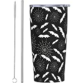 YIKISSKID Halloween Bats 20oz Tumbler with Lid and Straw for Women Men, Halloween Spider Web Insulated Mug White Bat Spider Web Stainless Steel Tumbler Double Wall Vacuum Travel Mug Coffee Cup