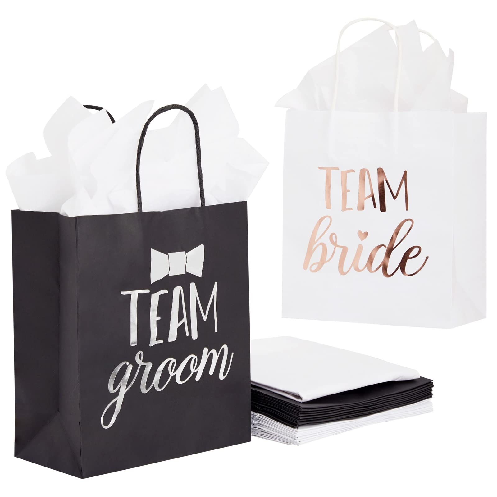 Juvale Bridal Gift Bags for Wedding, Bags read Team Bride and Team Groom, with Tissue Paper