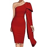 UONBOX Women's One Shoulder Bowknot Long Sleeve Bodycon Knee Length Club Party Bandage Dress