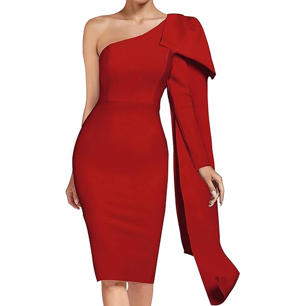Amazon.com: UONBOX Women's Off Shoulder Flared Long Sleeve Bodycon Dress  Ruffle Party Club Bandage Dress Red M : Clothing, Shoes & Jewelry