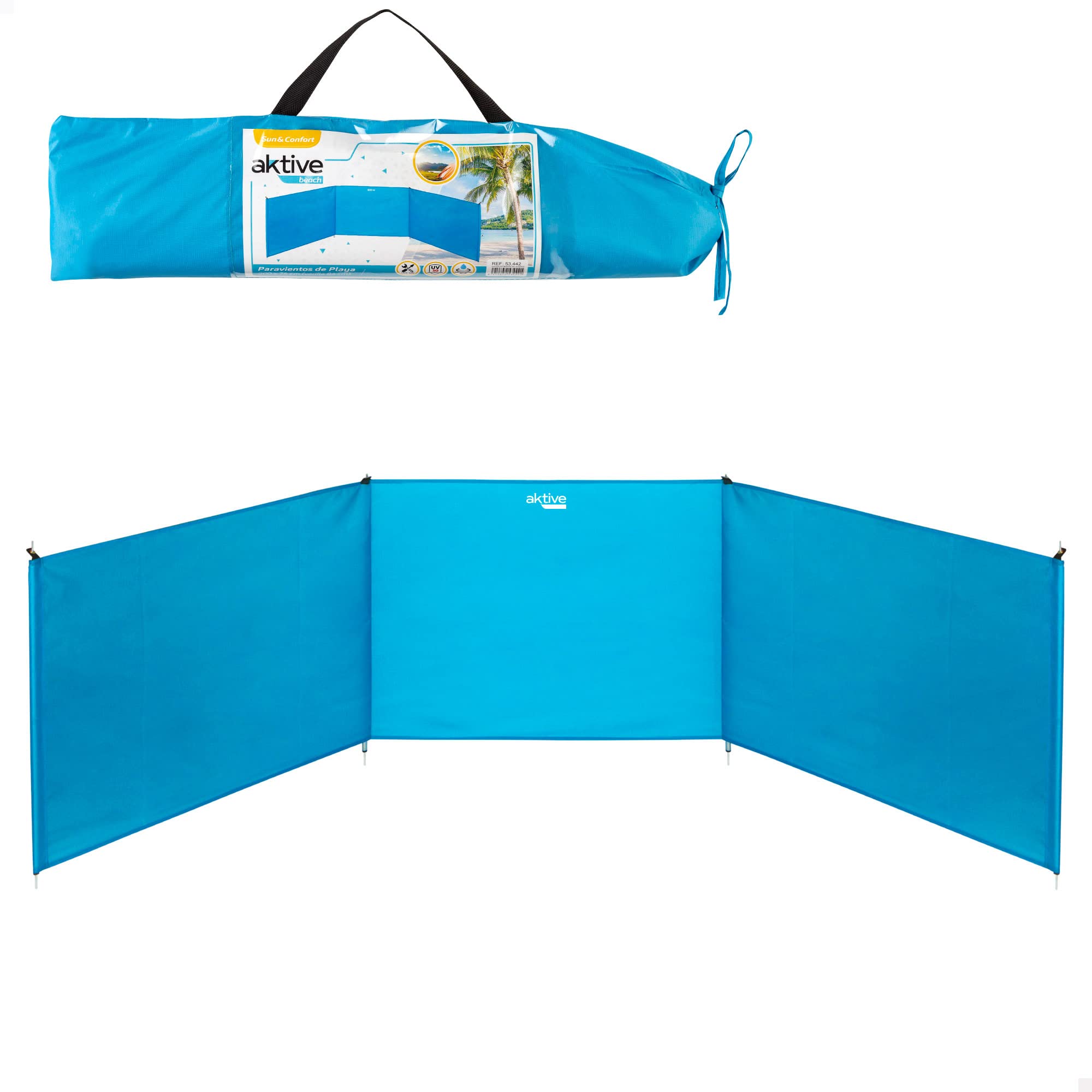 Aktive Foldable Beach Wind Protection 200 x 75/85 cm, Waterproof Fabric, UV30 Protection, Includes Metal Poles and Carry Bag, Easy Assembly, Ideal for Camping, Garden or Coastal (53442)