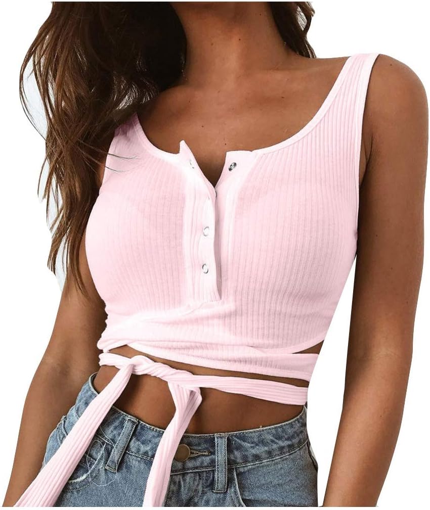 Portazai Women's Spaghetti Strap Ribbed Crop Tank Top Solid Sleeveless Blouses Camisole Vest Tops Cami Shirt
