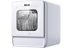 AIRMSEN Portable Countertop Dishwasher with 5L Water Tank, Mini Dishwasher with 14.6” Narrow & 20.1“ Deep Design, 9 Programs, 24H Delay Start & 360° Dual Spray, No Hookup Needed, C01, White