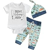 Newborn Baby Boy Fishing Outfit Daddy's New Fishing Buddy Romper Fish Pants Set Hat 3Pcs Infant Boy Summer Clothes