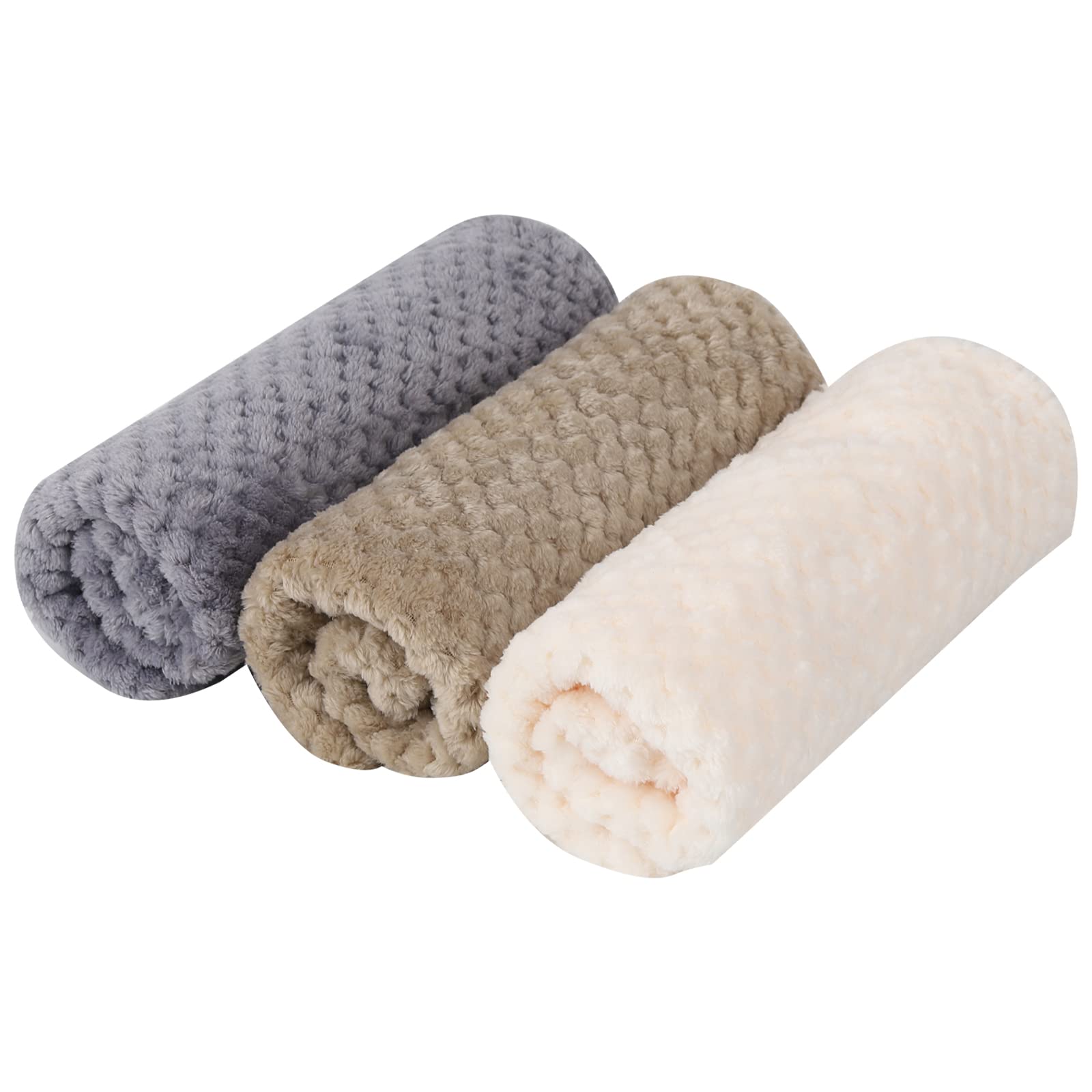 GLAITC Fluffy Dog Blanket 3 Pcs Flannel 45x65cm Washable Cat Soft and Warm Pet Blankets for Rabbits Dogs Small, Sofa, Car, Travel, Keep Pets (Khaki, white, grey)