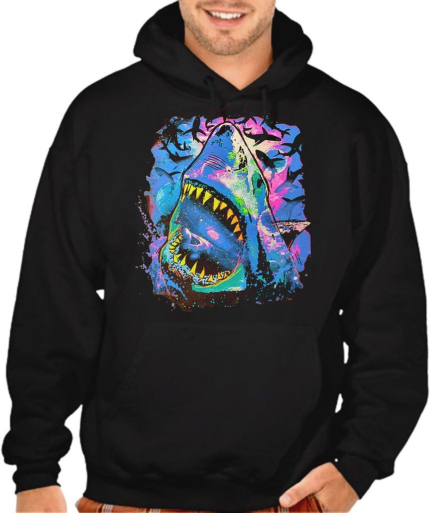 Men's Neon Black Light Cosmo Shark Black Pullover Hoodie Sweater Black