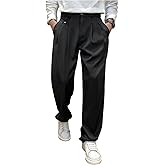 GORGLITTER Men's Zipper Fly Baggy Dress Pants Straight Leg Casual Pleated Trousers Streetwear