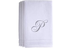 CREATIVE SCENTS Monogrammed Towels Fingertip, Personalized Gift, 11 x 18 Inches - Set of 4- Silver Embroidered Towel - Extra Absorbent 100% Cotton- Soft Velour Finish - For Bathroom/ Kitchen/ Spa- Initial P (White)