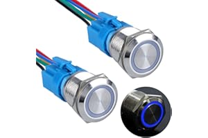 DMWD 2Pcs 22MM Momentary Push Button Switch 12V-24V Ring Led 1NO 1NC Self-Reset ON/Off Metal Round Waterproof IP66 for 7/8’’ Mounting Hole with Wire Socket (Blue Led)