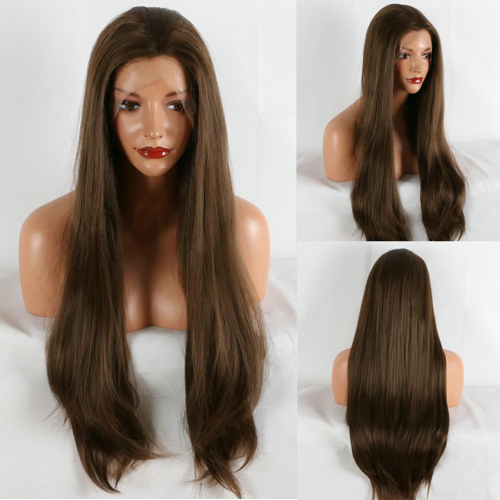 AFBeauty Brown Lace Front Wig for Women Long Straight Natural Chocolate Brown Synthetic Glueless Lace Wig Heat Resistant Fiber Premium Wigs Party Daily Wear 24''