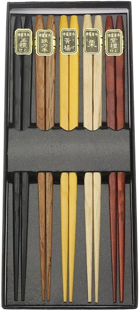 Multi Color Design Chopsticks Set 5 Pairs Reusable Natural Wood Chopstick with one Gift Box, 5 Duck Shaped Chopstick Rest Holders for Free