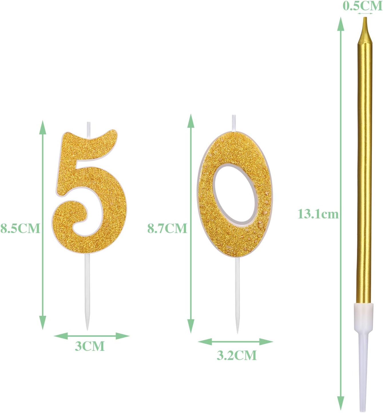 BBTO 50th Glitter Birthday Cake Candles Shining Numeral Candles Cake Topper Decoration and 6 Pieces Spiral Cake Candles with Holders for Birthday Party Wedding Cake Decorations,Gold,5 centimeters - Image 3