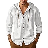 Mens Cotton Linen Button Down Hoodies Long Sleeve Casual Hoodies Hawaiian Beach Top Lightweight Fashion Shirts